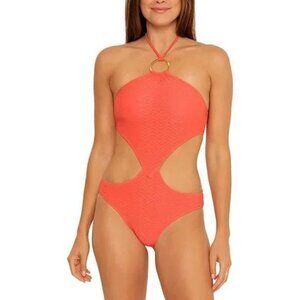 Trina Turk Empire Hi Neck Cut out One Piece Swim Suit in Papaya Size 12 NWT